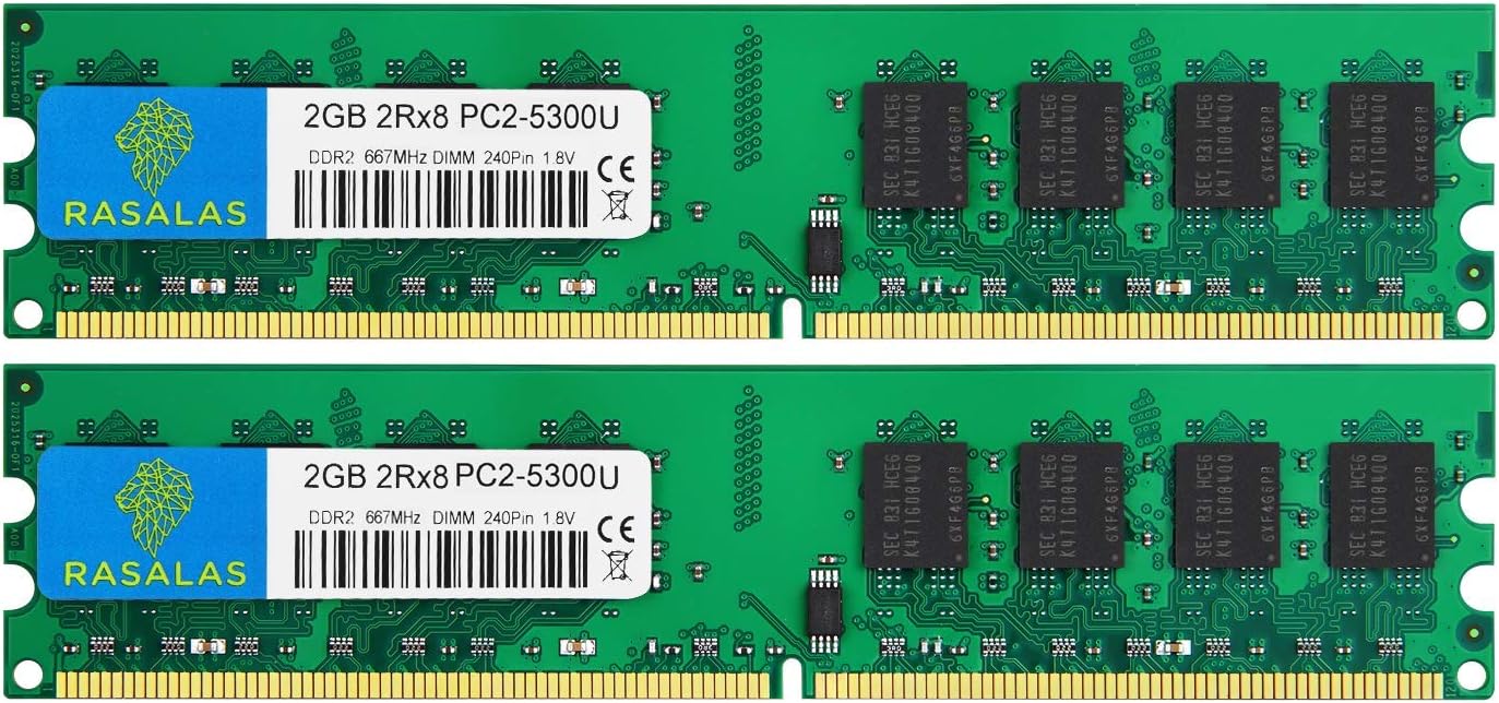 Rasalas DDR2 PC2-5300 DDR2 667 DDR2 4GB Kit (2x2GB) PC2-5300U DDR2-667 Udimm 2RX8 1.8V CL5 240-Pin Non-ECC Unbuffered Desktop Computer RAM Memory