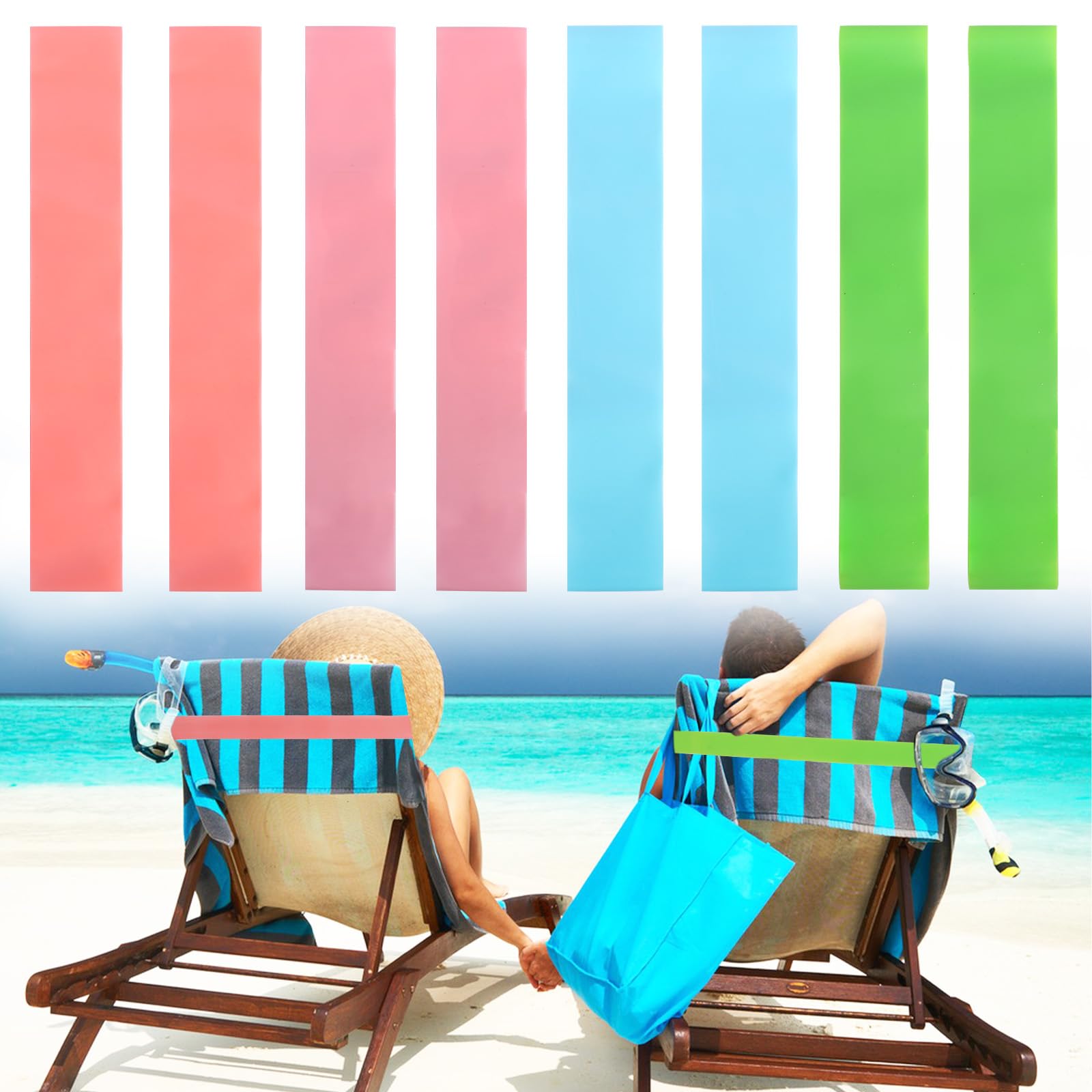 8Pcs Elastic Sunbed Towel Bands, Beach Towel Bands for Sun Loungers, Best Beach Chair Towel Clips, Beach Towel Holder for Cruise Chair 2*(Green+Pale Pink+Pale Blue+Orange, 0.4mm Thick)