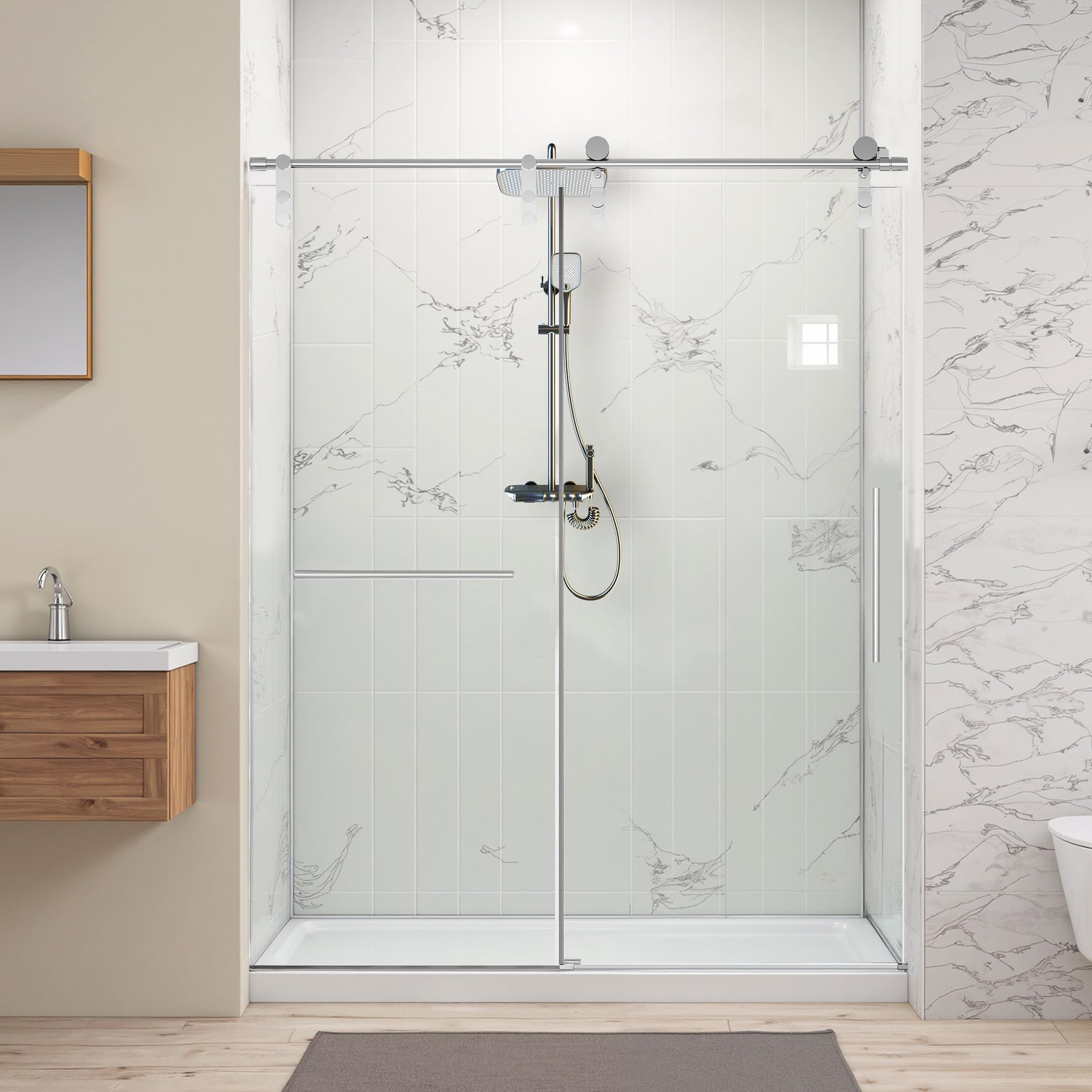 Photo 1 of HIGREENA Shower Door 56-60" Wx 76" H, Modern Sliding Glass Door, Frameless Shower Door with 5/16" (8mm) Thick Tempered Glass, Towel Rail and Auxiliary Handle, Chrome