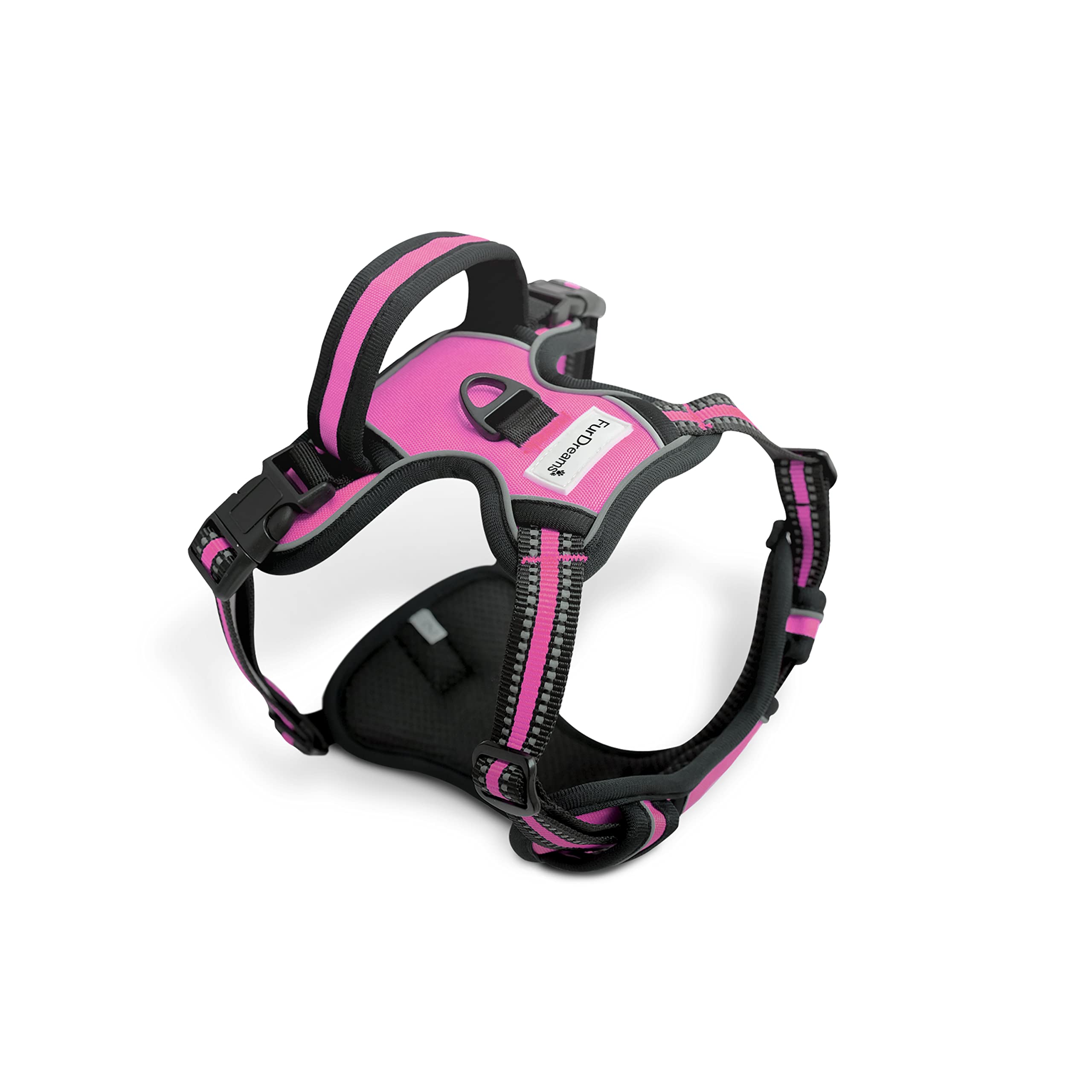 FurDreams Dog Harness – Secure Padded Vest Harness, Comfortable Material with Reflective Strips, Non-Restrictive, No Choke Fit with 4 Adjustable Straps, No Pull, Clip On Easy (Medium, Pink)