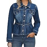 Lynroxia Denim Jacket for Women Long Sleeve Collar Peplum Button Down Jean Jacket with Pockets Raw Hew