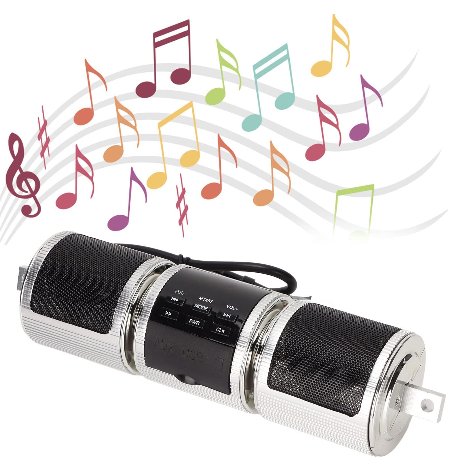 Bluetooth Motorcycle Stereo Speaker, IP54 Waterproof Motorcycle Sound Bar 7/8-1.25inch Handlebar Mount Audio Sound System, Supports AUX Input, USB, TF, FM Radio(Silver)