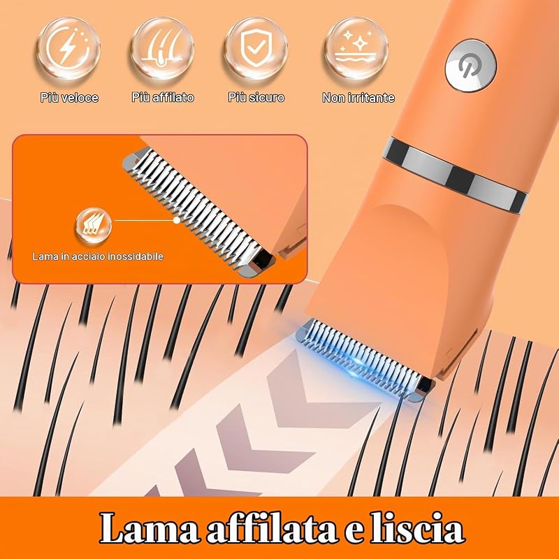 Rasoio elettrico per donna Viso Bikini Corpo Tagliapeli corporeo per donna Epilatore per zona Bikini-Trimmer Impermeabile IPX7 Display LCD Uso a secco/bagnato,Arancione