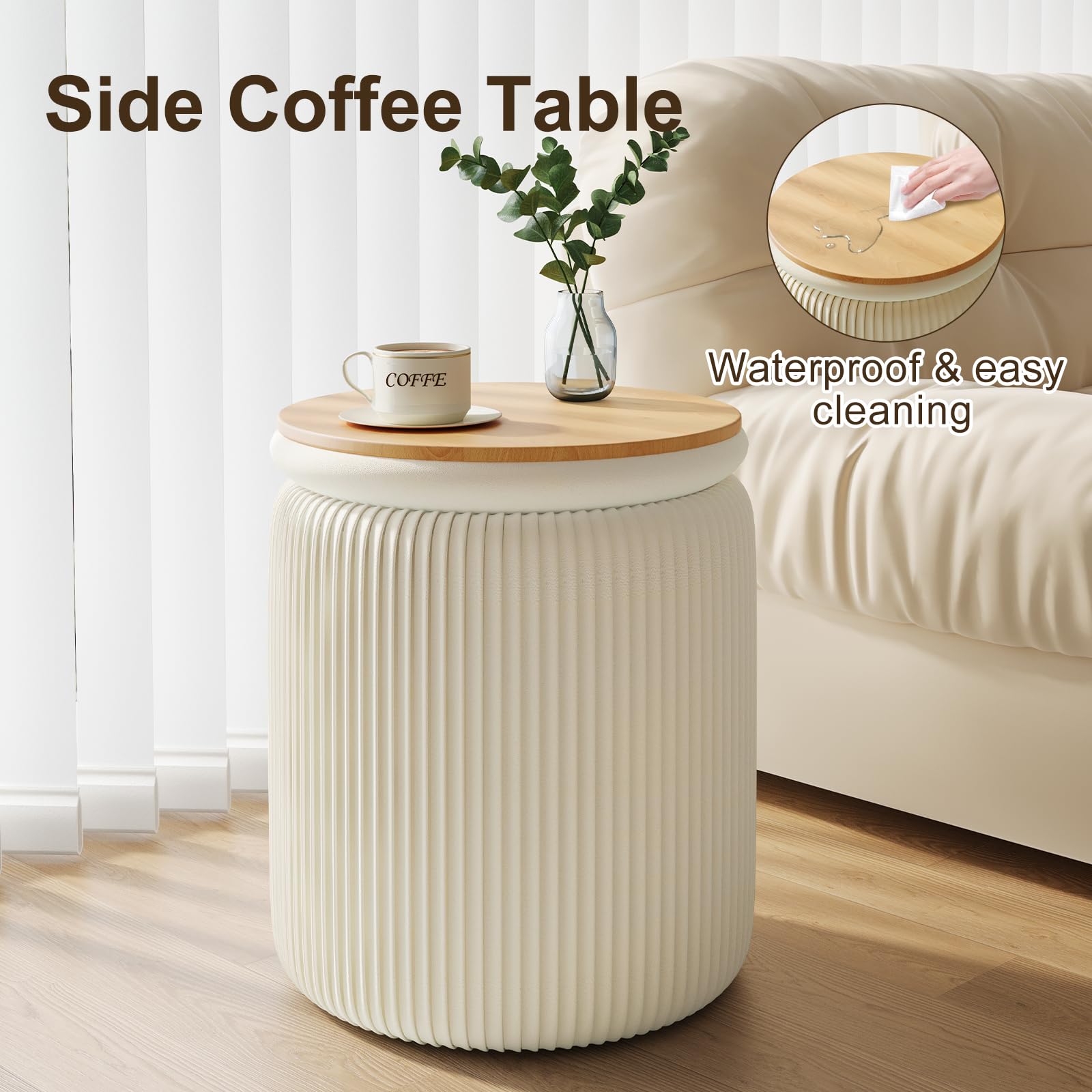 Round Ottoman with Storage Set of 2, White Vanity Stool, Upholstered Velvet Storage Ottomans, Makeup Chair Seat for Bedroom, Small Pouf Footstool for Living Room - Image 7