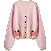 SHENHE Women's Kawaii Strawberry Pattern Cardigan Long Sleeve Open Front Casual Fall Sweater