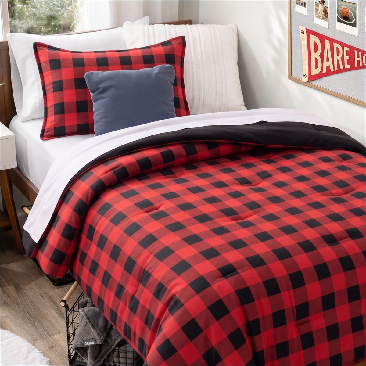bare home comforter set - twin/twin extra long - ultra-soft - goose down alternative - premium 1800 series - all season warmth comforter (twin/twin xl, buffalo plaid - red/black/black)