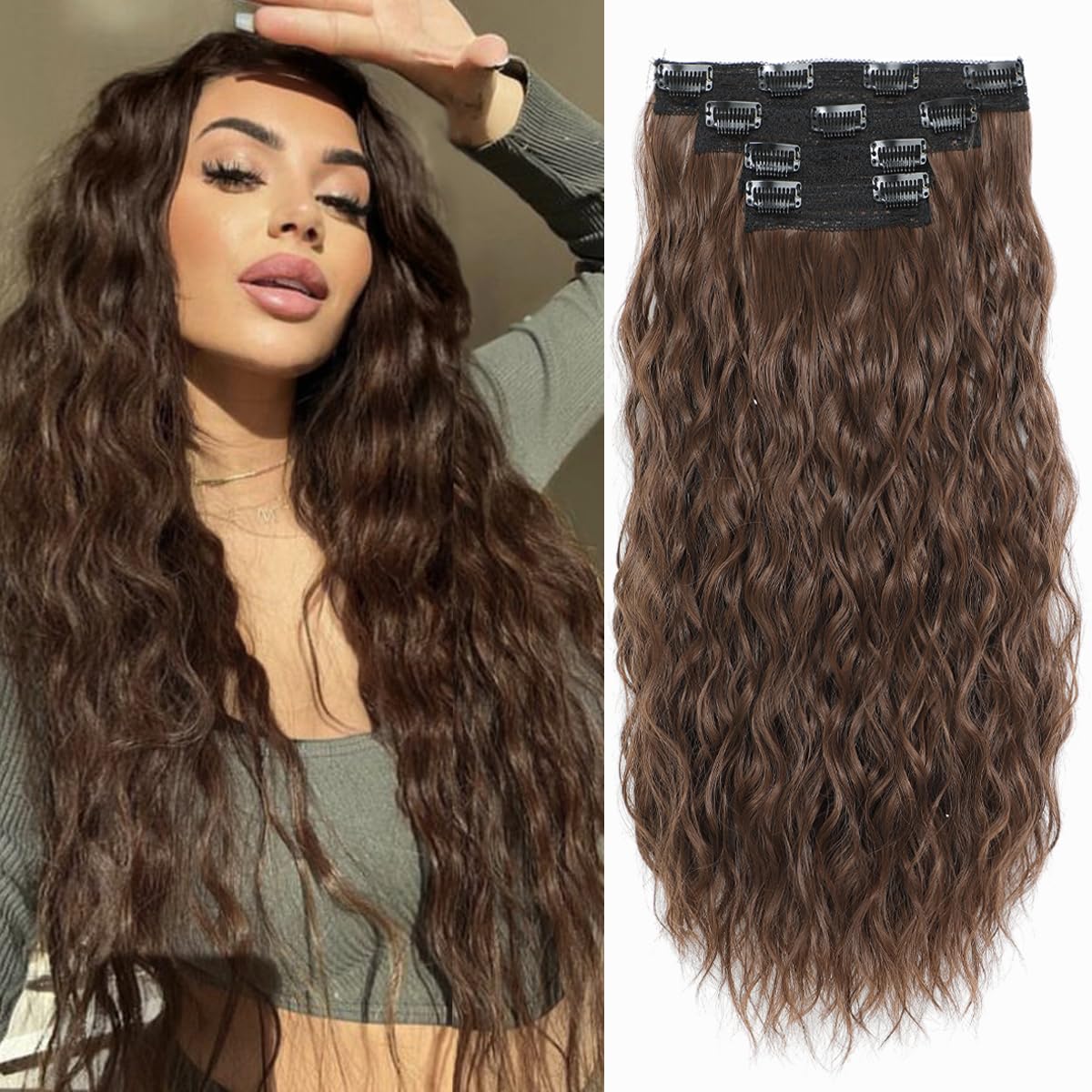 VEGALILY 4PCS Hair Extensions Clip in 20inch Light Brown Hair extensions Long Curly Clip in hair Extension Full Head Synthetic Fiber Hairpieces for Women