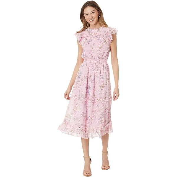knee length dresses for ladies Park Avenue Flutter Sleeve Side Split Midi Dress Blush L