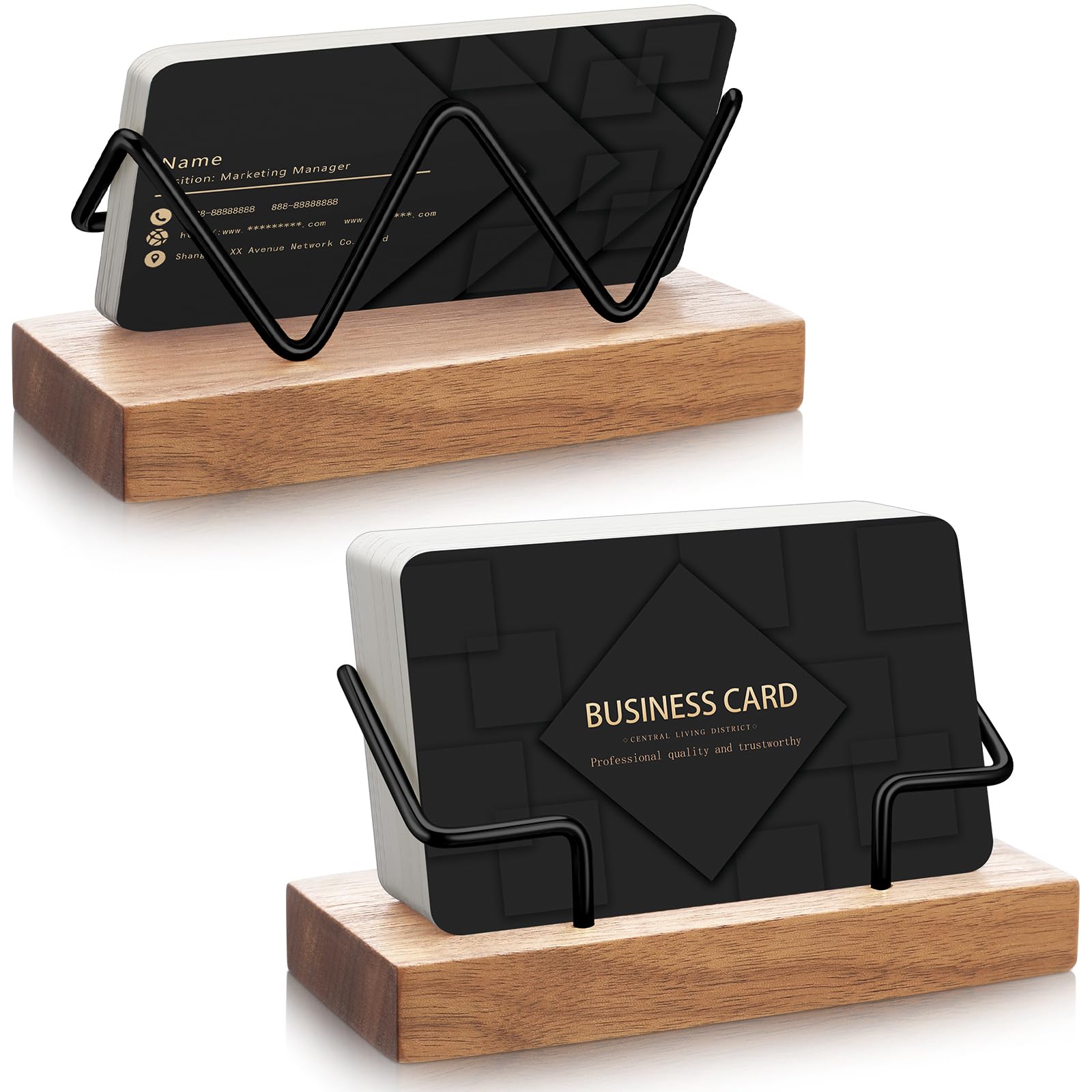 Photo 1 of Amyhill 2 Pieces Wood Business Card Holder for Desk Wooden Business Card Display Stand Postcard Holder for Office Home Desktop (Light Wood Color, Black)
