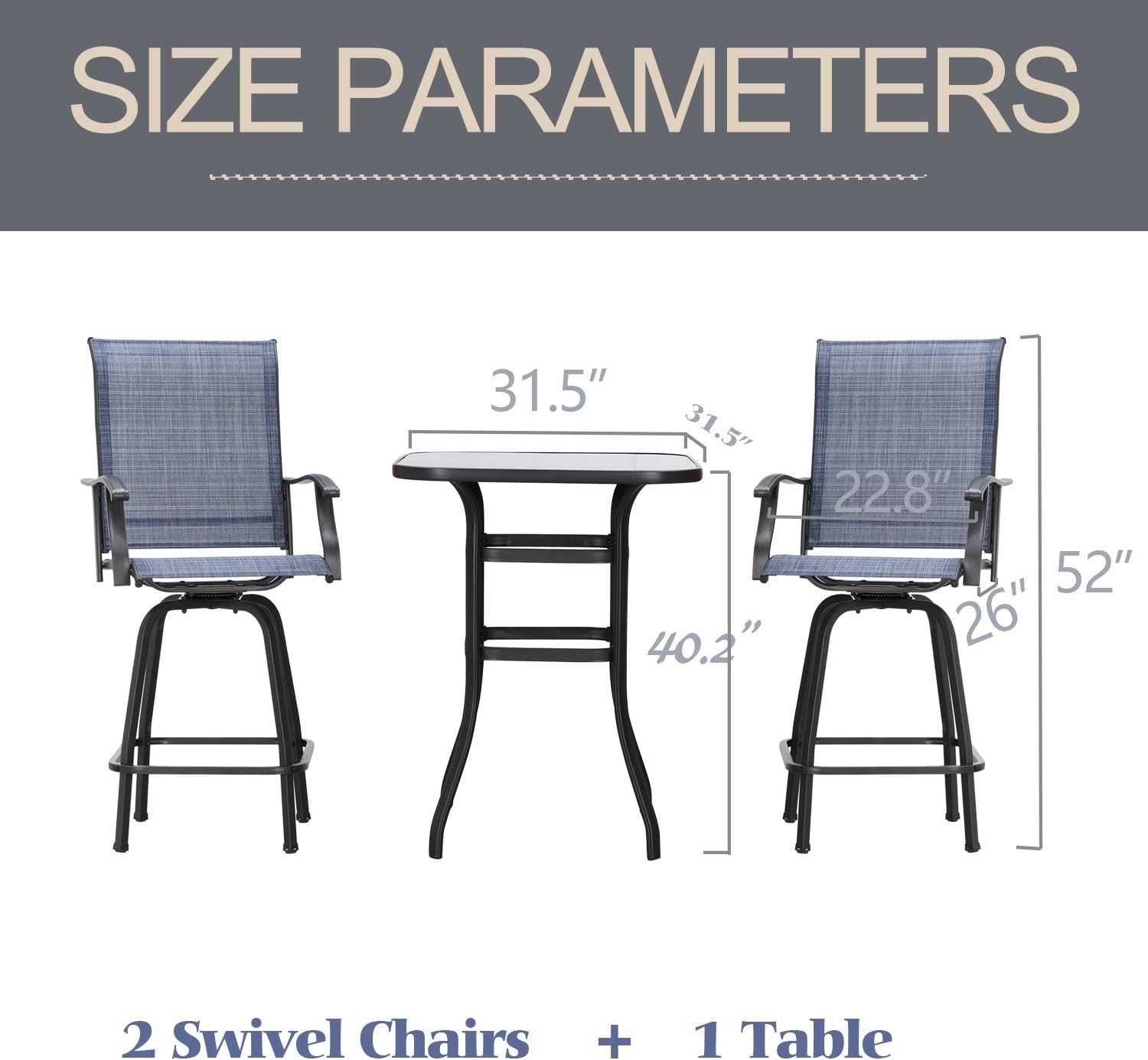 LOKATSE HOME 3 Pcs Bar Stools Set 2 High Swivel Chairs and 1 Height Outdoor Bistro Table, Patio Furniture, Blue Tesling Fabric : Garden & Outdoor