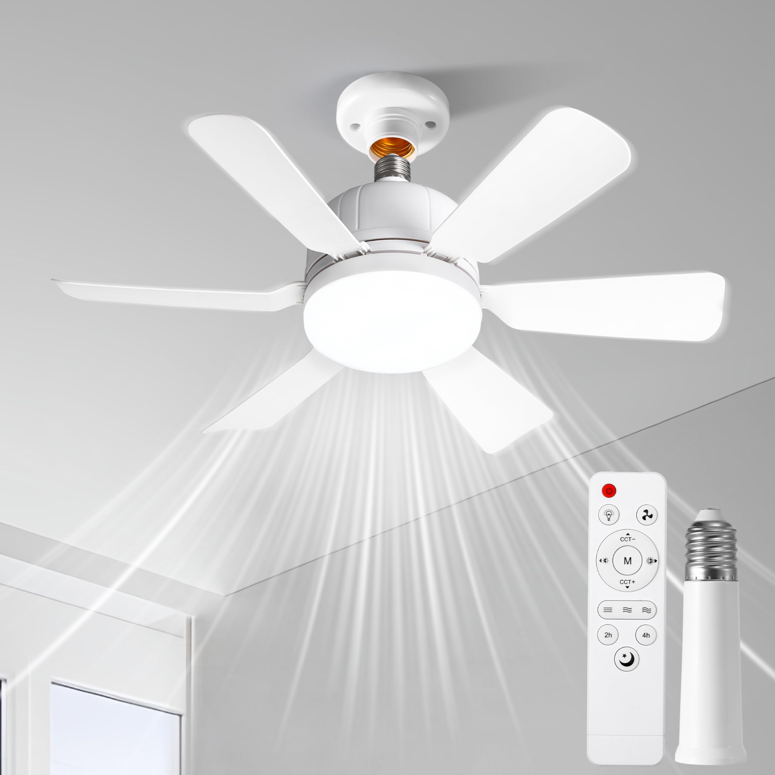 Photo 1 of Socket Ceiling Fan Light with Remote and 1 Socket Extender, E26 Based Easy Install, Replacement for Indoor -Bedroom, Kitchen and Living Room, 3 Color Stepless Dimming (Six Blade Fan Light White)