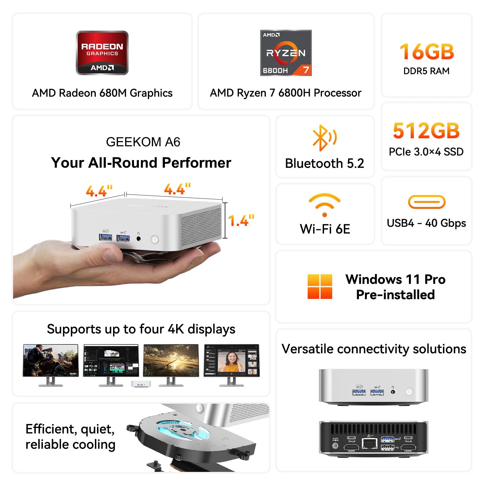 GEEKOM A6 Mini PC con AMD Ryzen 7 6800H, 16GB DDR5 RAM 512GB M.2 NVMe SSD, Radeon 680M, Diseño Compacto de Aluminio Windows 11 Computadora de Escritorio para Hogar/Negocio, USB4/8K UHD/Wi-Fi 6E/BT 5.2/Ranura SD GEEKOM A6 Mini PC con AMD Ryzen 7 6800H, 16GB DDR5 RAM 512GB M.2 NVMe SSD, Radeon 680M, Diseño Compacto de Aluminio Windows 11 Computadora de Escritorio para Hogar/Negocio, USB4/8K UHD/Wi-Fi 6E/BT 5.2/Ranura SD