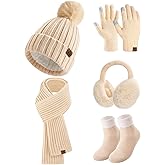 UMIPUBO Winter Beanie Hats Scarf Touch Screen Gloves Fuzzy Socks Ear Muffs 5pcs Set for Women Winter Ski Outing Set