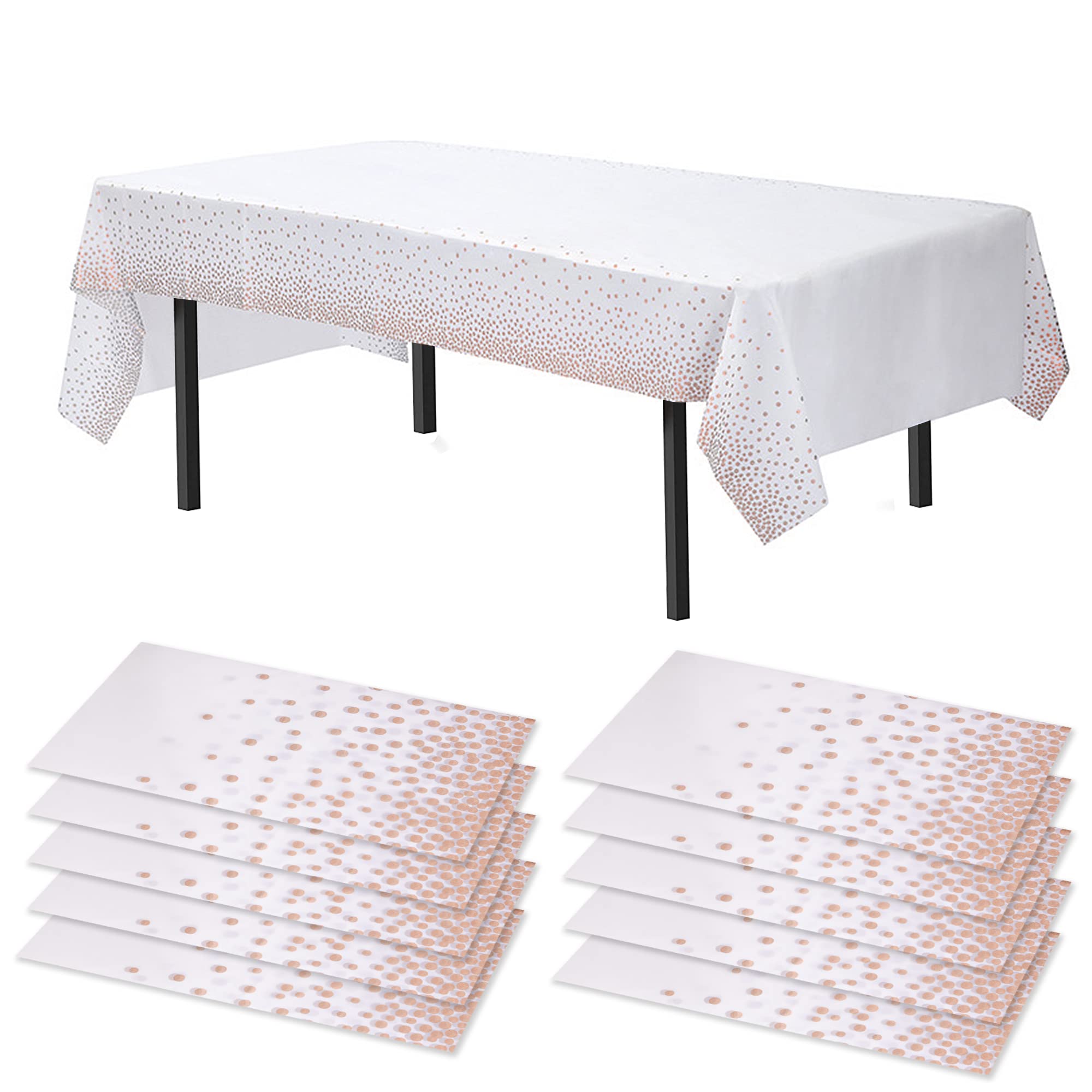 Time to Sparkle 10 Pack Plastic Tablecloths 54" x 108" Plastic Dining Table Cloth Premium Rectangle Table Cover for Parties Wedding Banquet etc Indoor Or Outdoor(White/Rose Gold)
