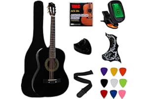 YMC 38" Black Beginner Acoustic Guitar Starter Package Student Guitar with Gig Bag,Strap, 3 thickness 9 picks,2 Pickguards,Pick Holder, Extra Strings, Electronic Tuner -Black