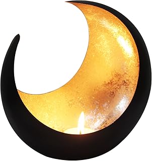 MAADES Windlicht Laterne orientalisch Moon Groß 20cm Gold | Orientalische Vintage Teelichthalter Schwarz von außen und Goldfarben innen | Marokkanische Windlichter aus Metall als Dekoration
