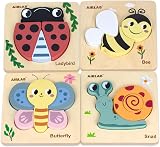 Airlab Wooden Jigsaw Puzzle Garden Animals 4 Pack for Toddlers Beech Wood