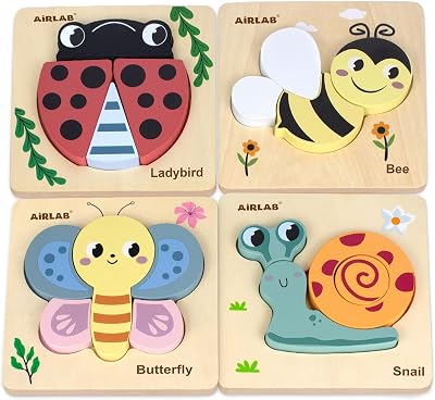 Airlab Wooden Jigsaw Puzzle Garden Animals 4 Pack for Toddlers Beech Wood