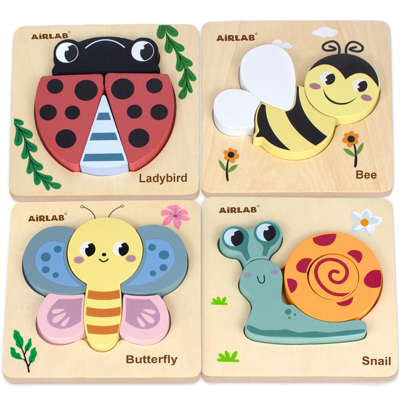 Airlab Wooden Jigsaw Puzzle for Kids, Garden Animals Chunky Shape Puzzles for Toddlers Over 1 2 3 Year Olds, Baby Montessori Preschool Educational Learning Toys for Girls Boys, Children Handmade Toys