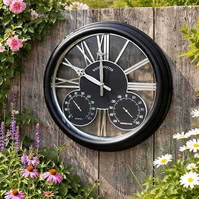 HomeZone Large Vintage Outdoor Clock Thermometer Barometer Weather Station