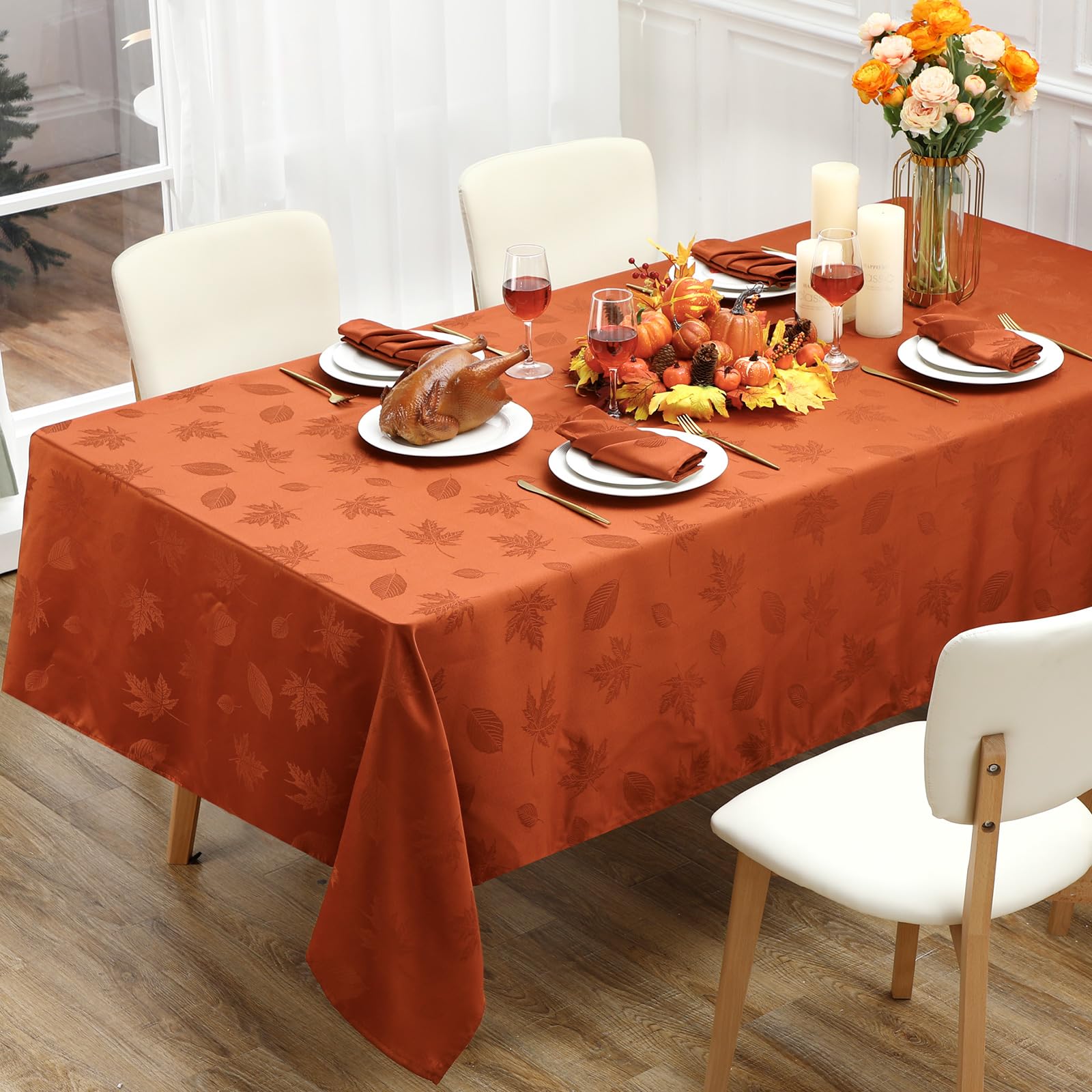 Photo 1 of Tegeme Fall Tablecloth 60 x 84 Inch Autumn Leaves Jacquard Table Runner Rectangle Fabric Table Cover for Thanksgiving Dinner Harvest Party Holiday Halloween Decor, Rust