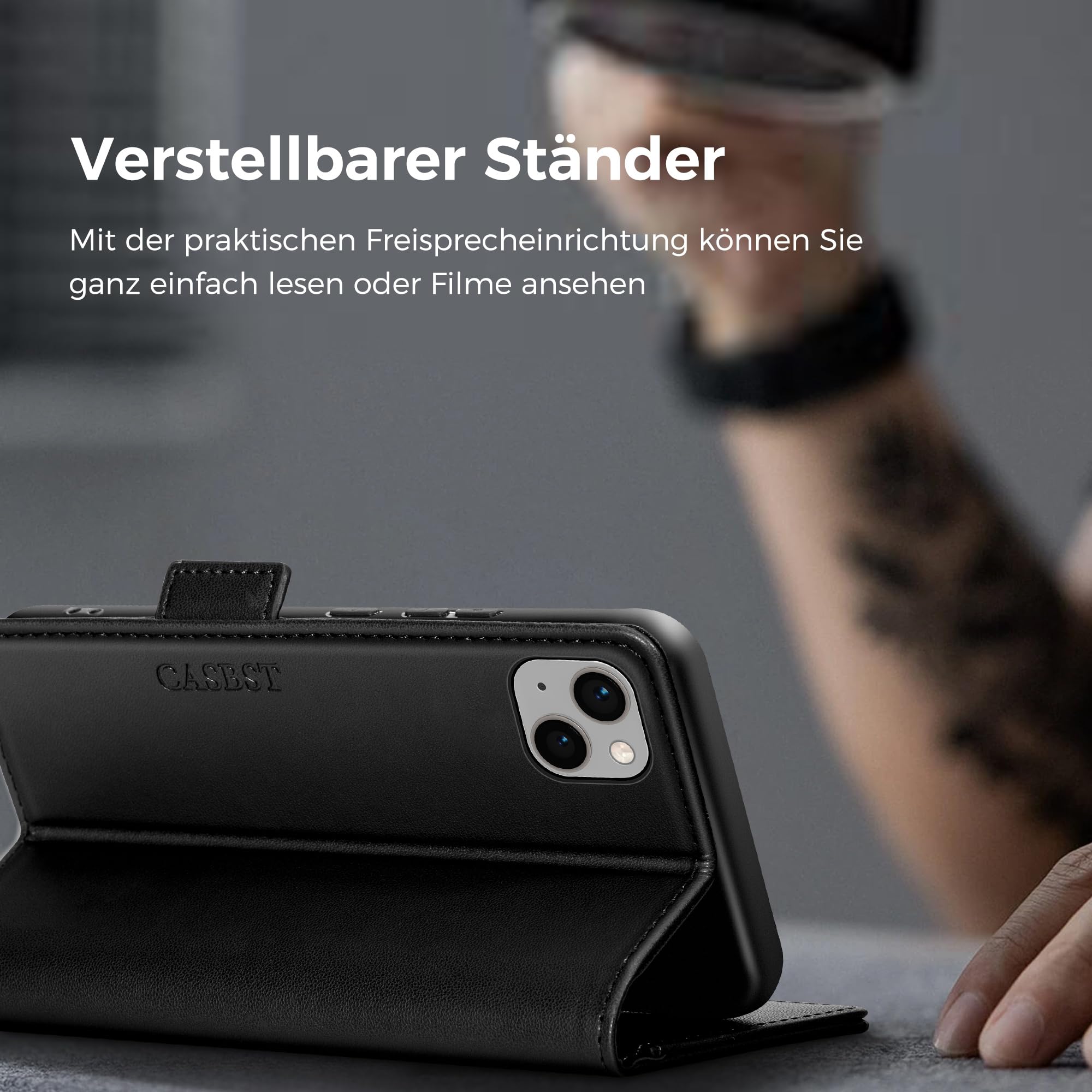 CASBST Handyhülle für iPhone 15 Hülle Premium Leder Schutzhülle Klappbar mit Kartenfach Ständer Magnet für iPhone 15 Handytasche mit RFID Kameraschutz Flip Case Klapphülle für iPhone 15 Schwarz