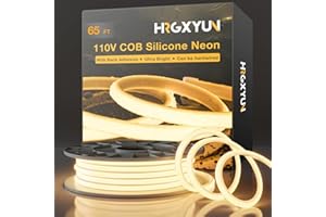 HRGXYUN 110V COB LED Strip Lights, 20m/65ft Warm White LED Rope Light with Back Adhesive,Dimmable Silicone LED Neon Rope Light for Cabinet Home Office DIY Lighting Projects