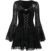 TSMNZMU Womens Gothic Midi Dress Long Sleeve V Neck Lolita Dresses Vintage Renaissance Dresses Lace Floral Fairy Dress