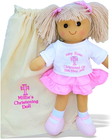 Muñeca de trapo personalizada para bautizo, bautizo, primera comunión, muñeca y bolsa bordada – regalo para niñas: Amazon.es: Bebé