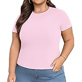 Lastshe Womens Plus Size Basic T Shirts Summer Tops Casual Short Sleeve Slim Fit Ribbed Knit Tee Cute Gym Workout Clothes