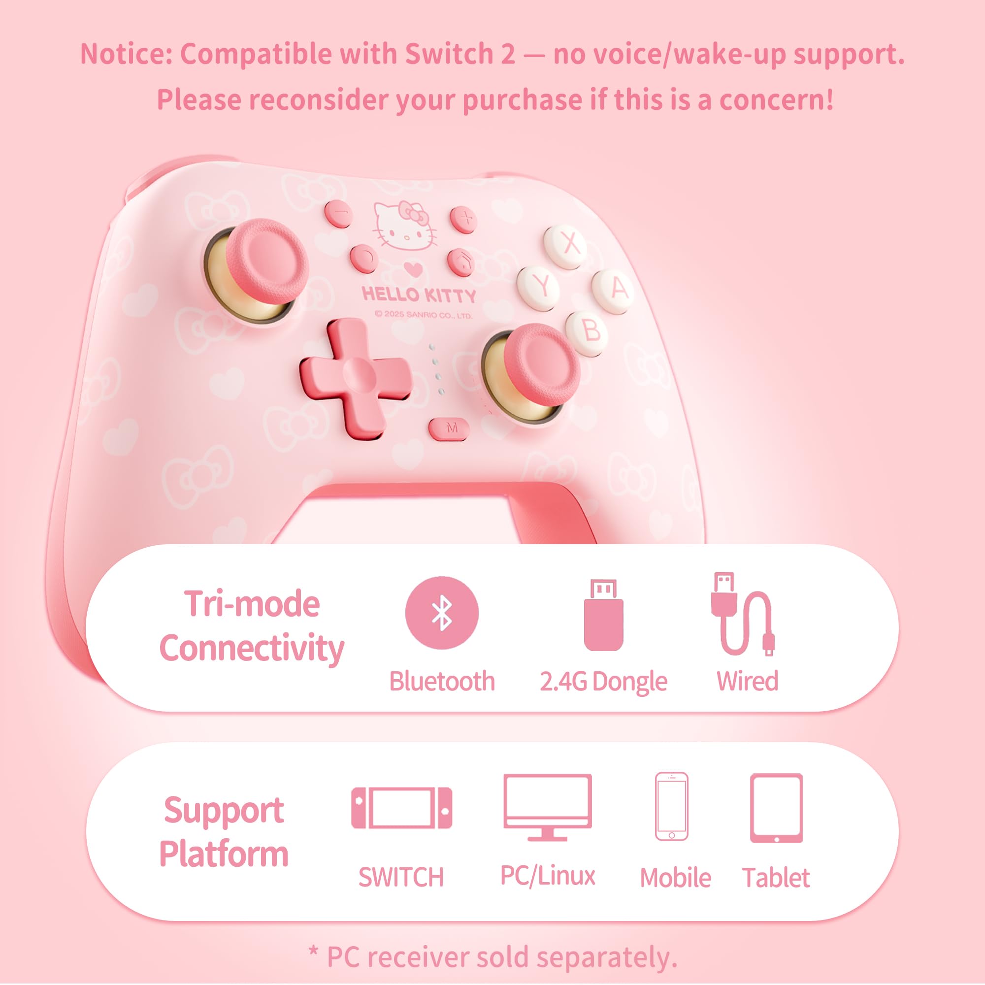 Kuitmor Pink Switch Controller,Hello Kitty Hall Effect Controllers Wireless for Switch 2/1/OLED/Lite,PC,Android,iOS | Bluetooth + Wired,1000mAh Battery,6-Axis Gyro,Dual Vibration,RGB Breathing Light
