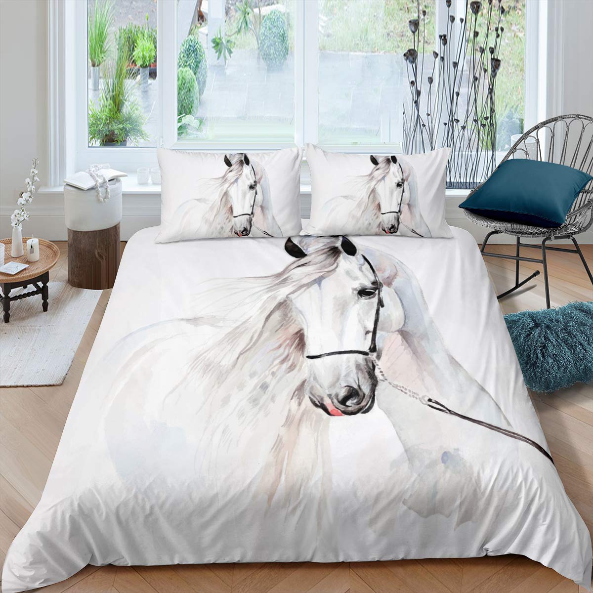 White Horse Comforter Cover Double Size 3D Steed Print Bedding Set Horses Decorative 3 Pieces Animals Duvet Cover Set WildlifeTapestry Bedspread Cover with 2 Pillowcase Soft Microfiber Zipper — image 1