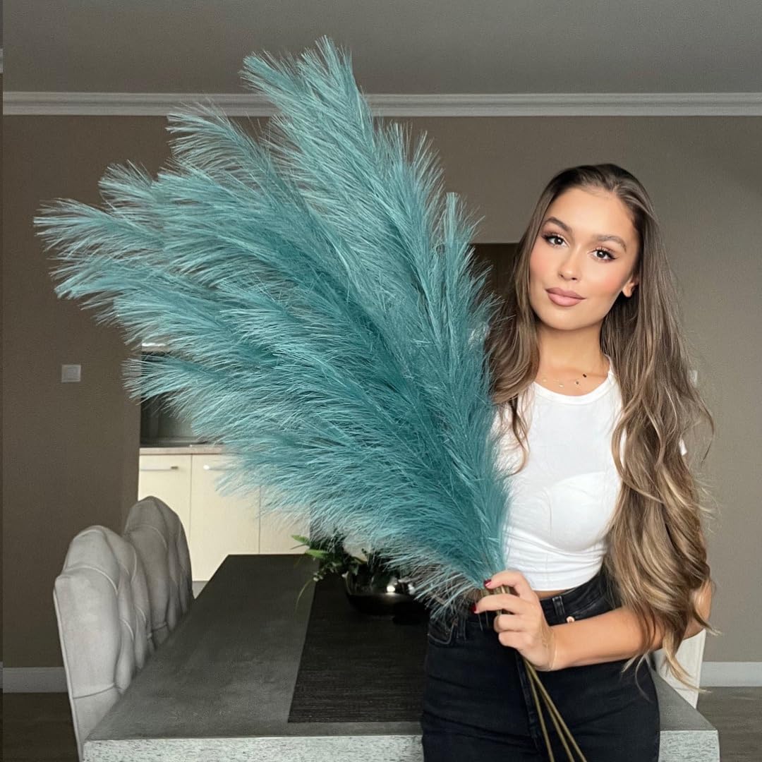 VOULUX Extra Large Tall Peacock Fake Faux Artificial Pampas Grass Large Fluffy x3 115cm Stems x18 Decorative Artificial Flora Feathers For Floor Vases Tall Blue Flowers Long Pampas Grass