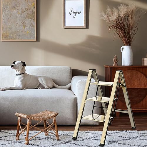 Delxo Aluminum 3 Step Ladder, Woodgrain Folding Step Stool With Long Handrails Lightweight Step Ladders Home And Kitchen Step Ladder Anti Slip Sturdy And Wide Pedal Ladders 330 Lbs Capacity
