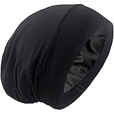 Silky Satin Lined Bonnet Sleep Cap - Adjustable Stay on All Night Hair Wrap Cover Slouchy Beanie for Curly Protection Women and Men Solid Black