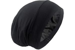 GB SELECTED Silky Satin Lined Bonnet Sleep Cap - Adjustable Stay on All Night Hair Wrap Cover Slouchy Beanie for Curly Protection Women and Men Solid Black