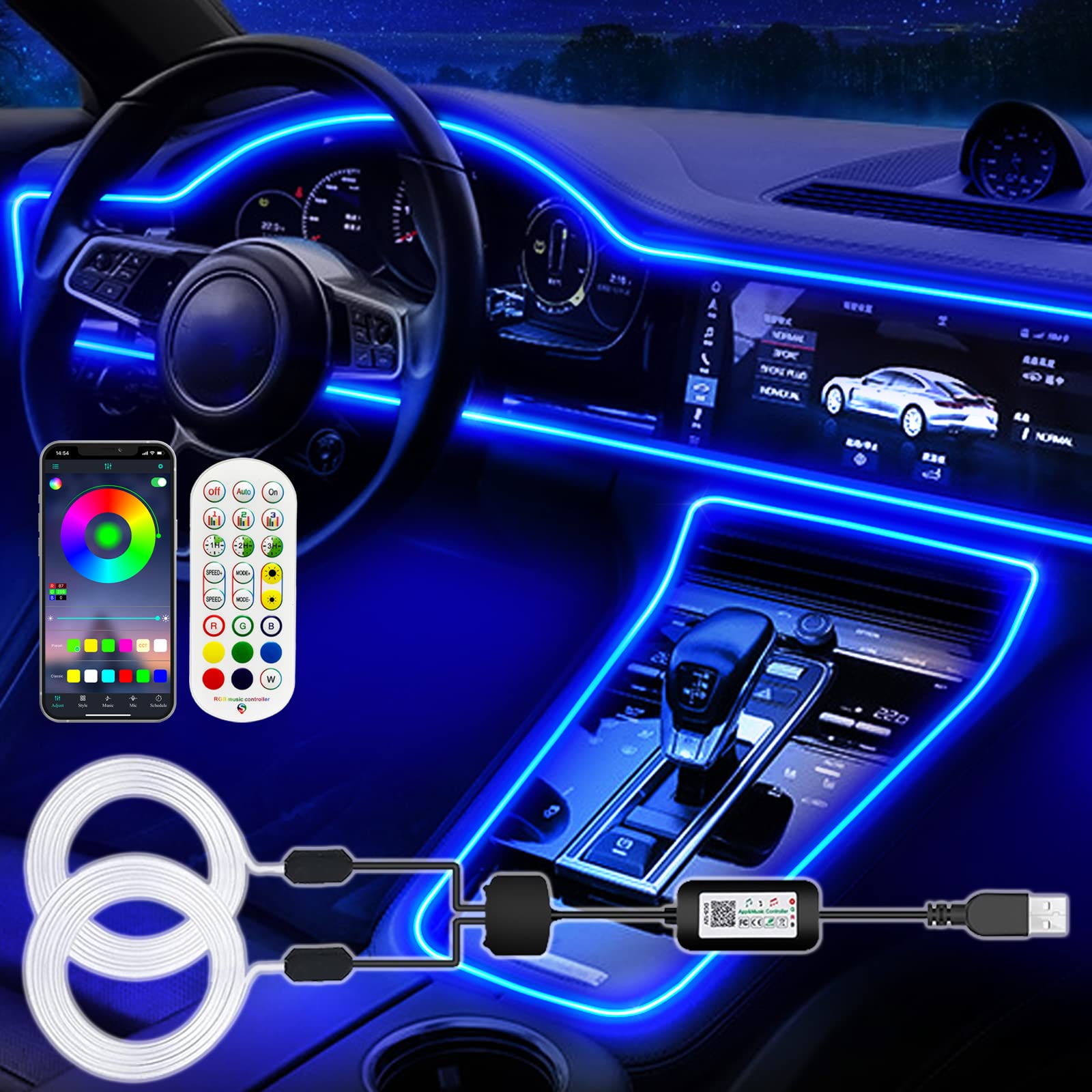 Photo 1 of Jushope Interior Car LED Strip Lights, RGB USB Ambient Lighting with Fiber Optic, EL Wire Car Accessories (2 in 1)