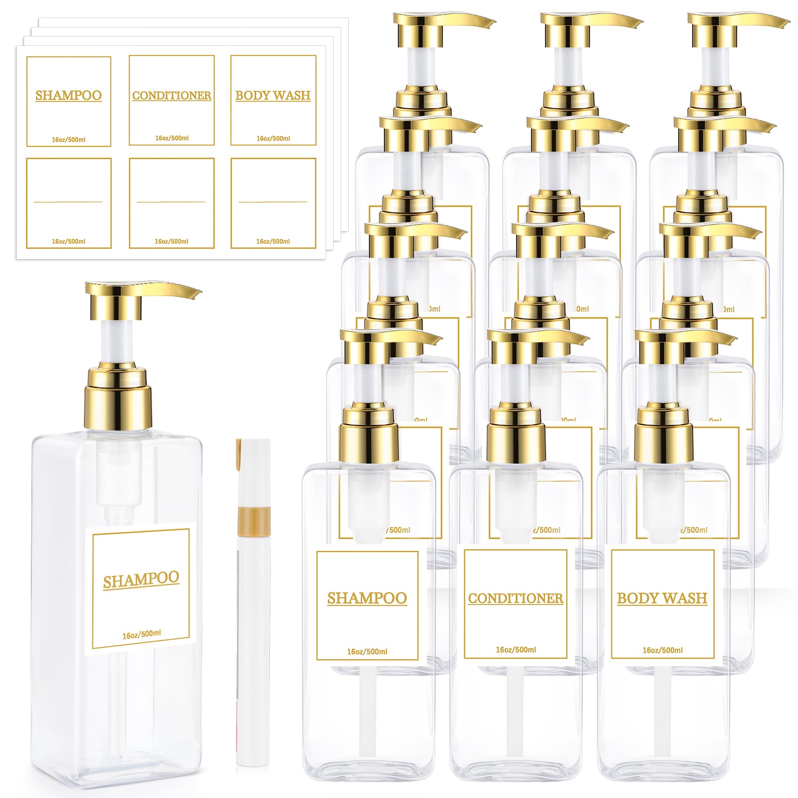 Photo 1 of Gejoy 12 Pack Clear Shampoo and Conditioner Dispenser Bottles, 17 Oz/ 500ml Refillable Empty Pump Bottles with Labels and Marker Pen, Plastic Square Pump Dispenser Bottle for Bathroom Body Wash Shower