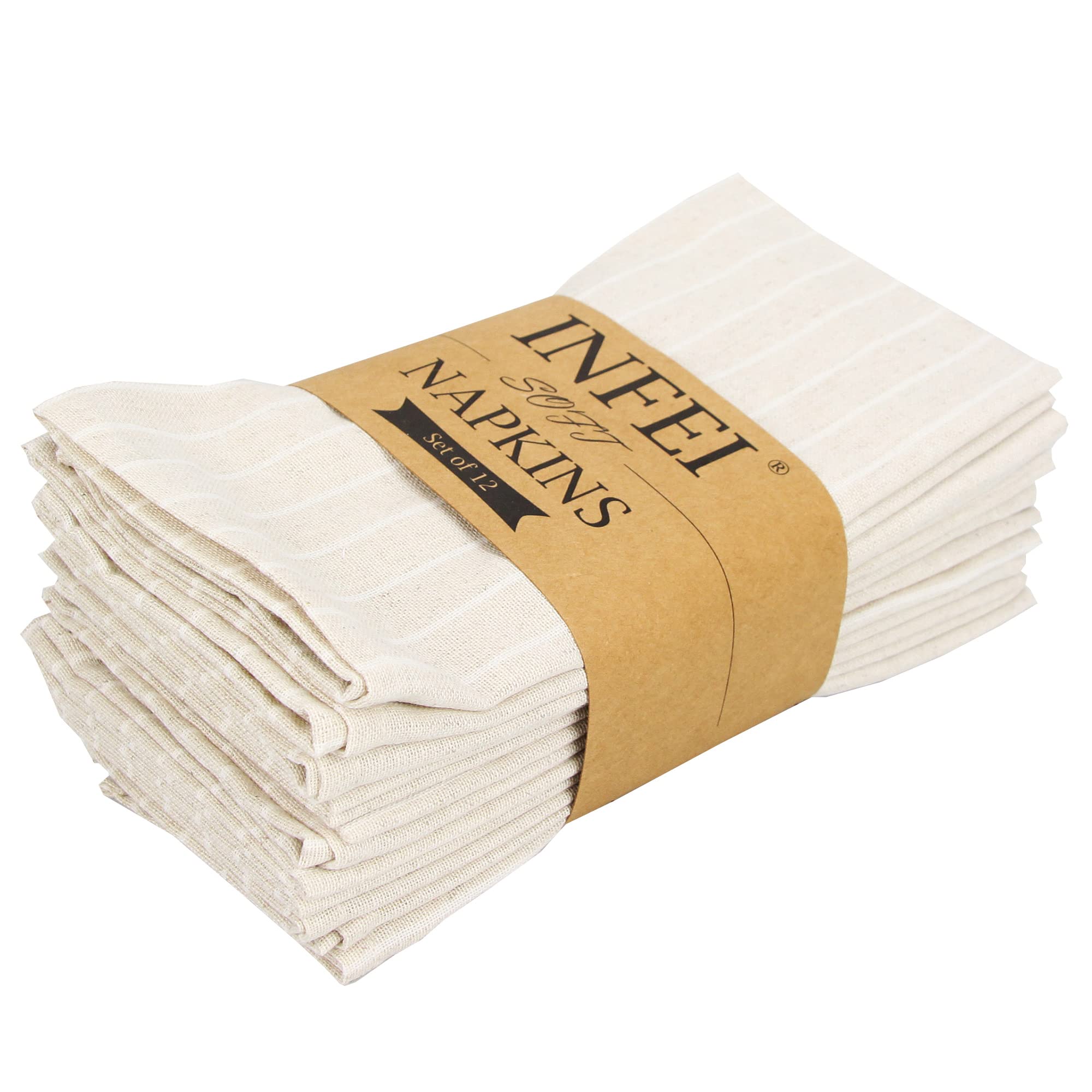 INFEI White Striped Linen Cotton Dinner Napkins - Pack of 12 (17 x 17 inches) - for Events & Home Use (Beige)