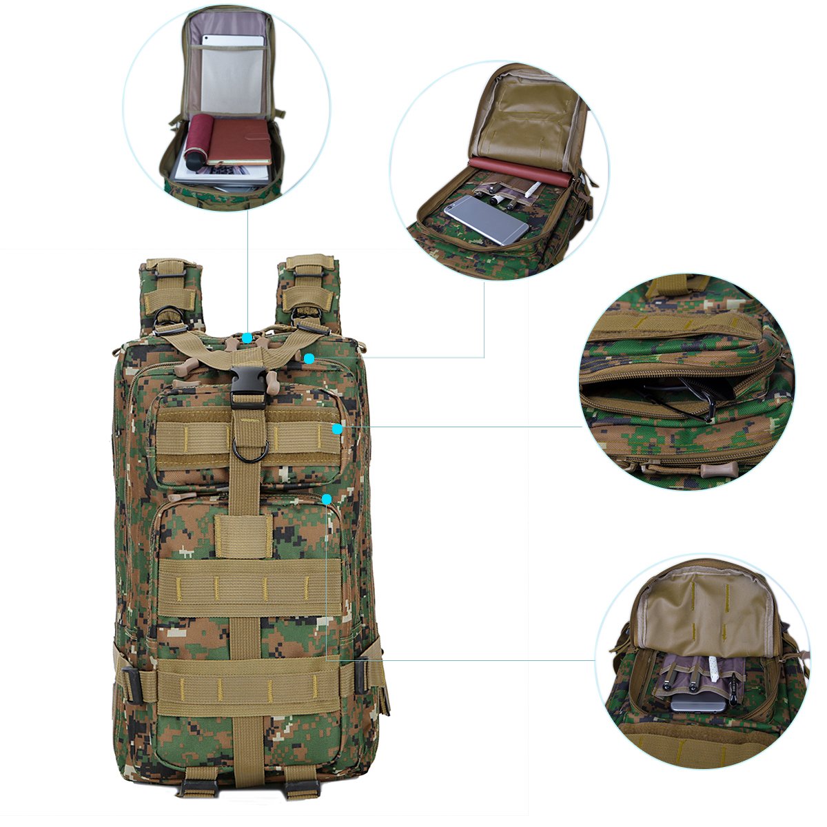 30L Military Tactical Backpack Waterproof Outdoor Bag School Book Bag for Hiking Camping Climbing Trekking Travel Daypack for Kids Teenagers Size 8.6\'\'x 5.9\'\'x 16.9\'\' (Camouflage3)