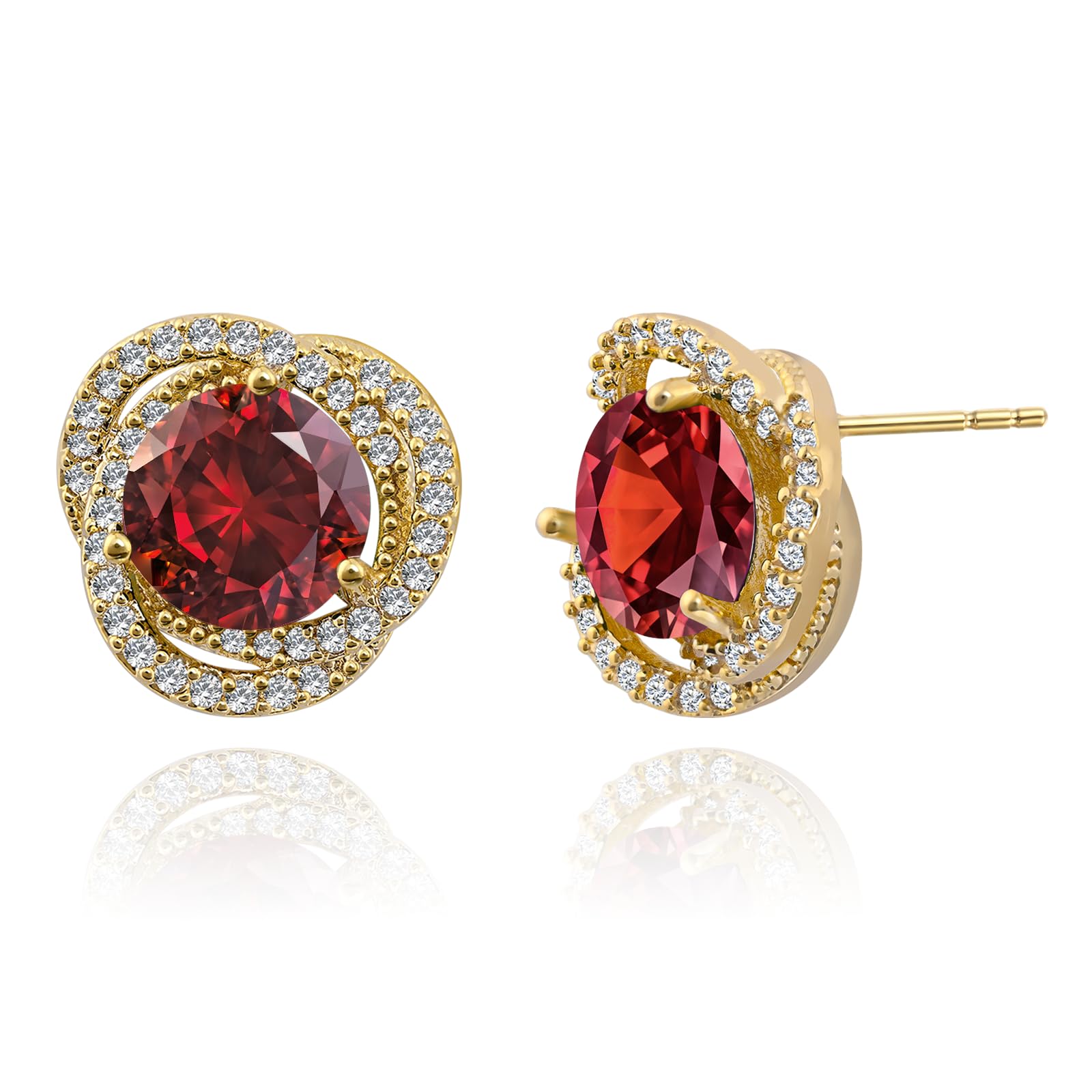 Photo 1 of 18K Gold Plated Ruby Stud Earrings, Red Crystal with Cubic Zirconia Halo, Hypoallergenic 925 Sterling Silver Post