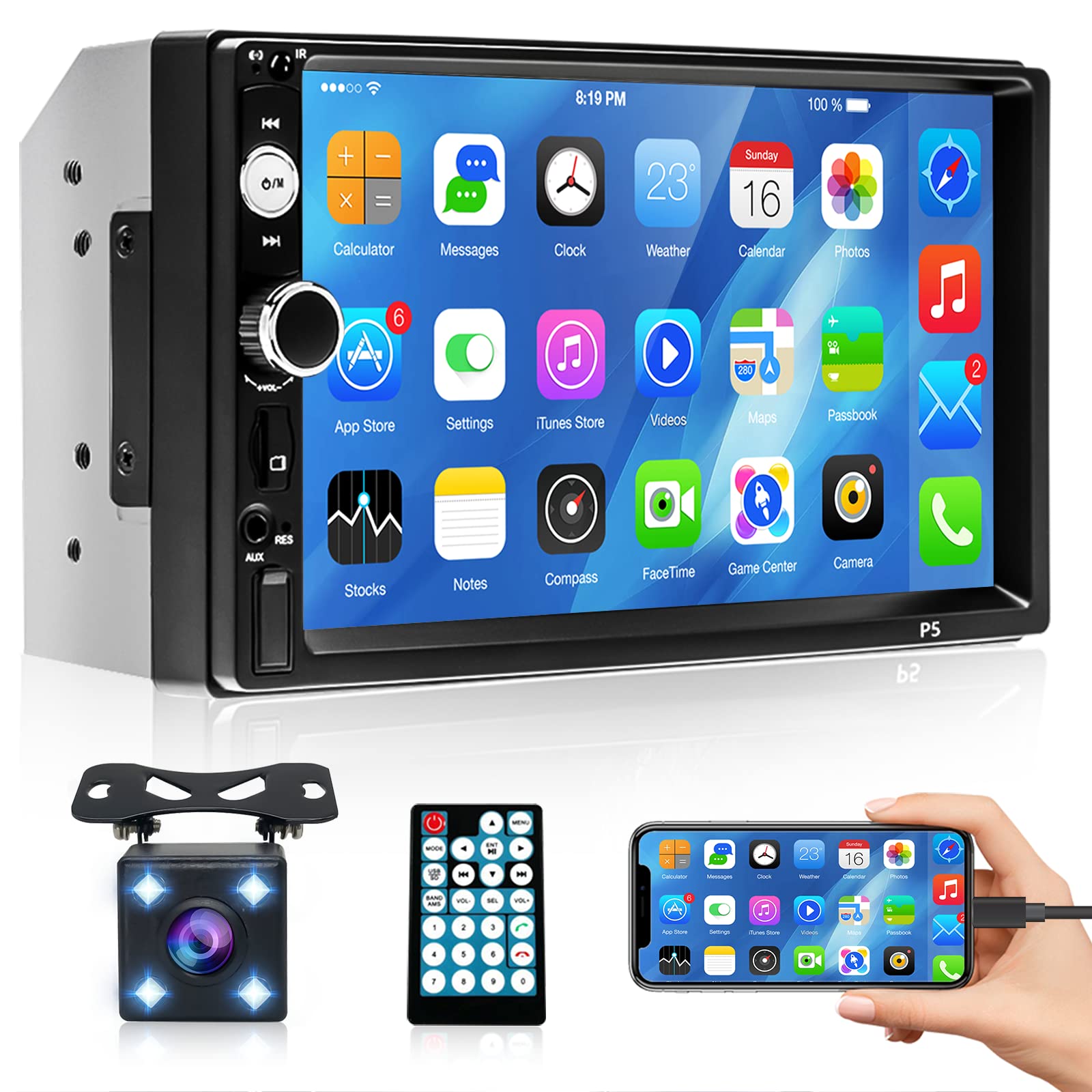 Hikity 7 Inch Touch Screen Car Stereo with Bluetooth Hands Free Call, Double Din Car Radio with Rear View Camera Car MP5 Player with FM TF USB AUX-IN SWC Support Mirror Link for Android/IOS