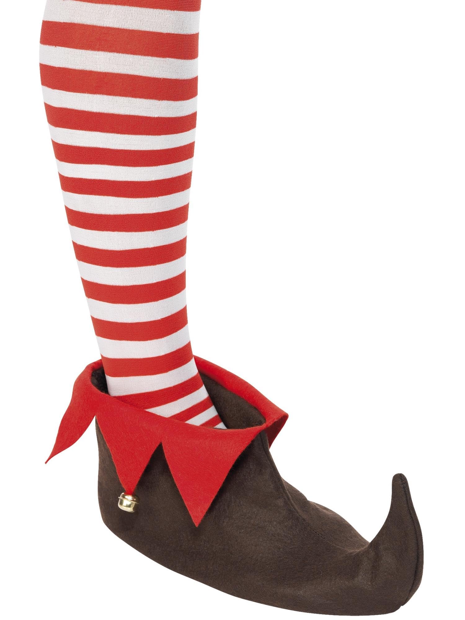 Smiffys Elf Shoes with Bells, Brown Christmas Fancy Dress Costume Accessory for Adults & Teens, One Size Elf Shoe Covers with Red Trim and Jingle Bells, Christmas Parties & Santa’s Helper Outfits