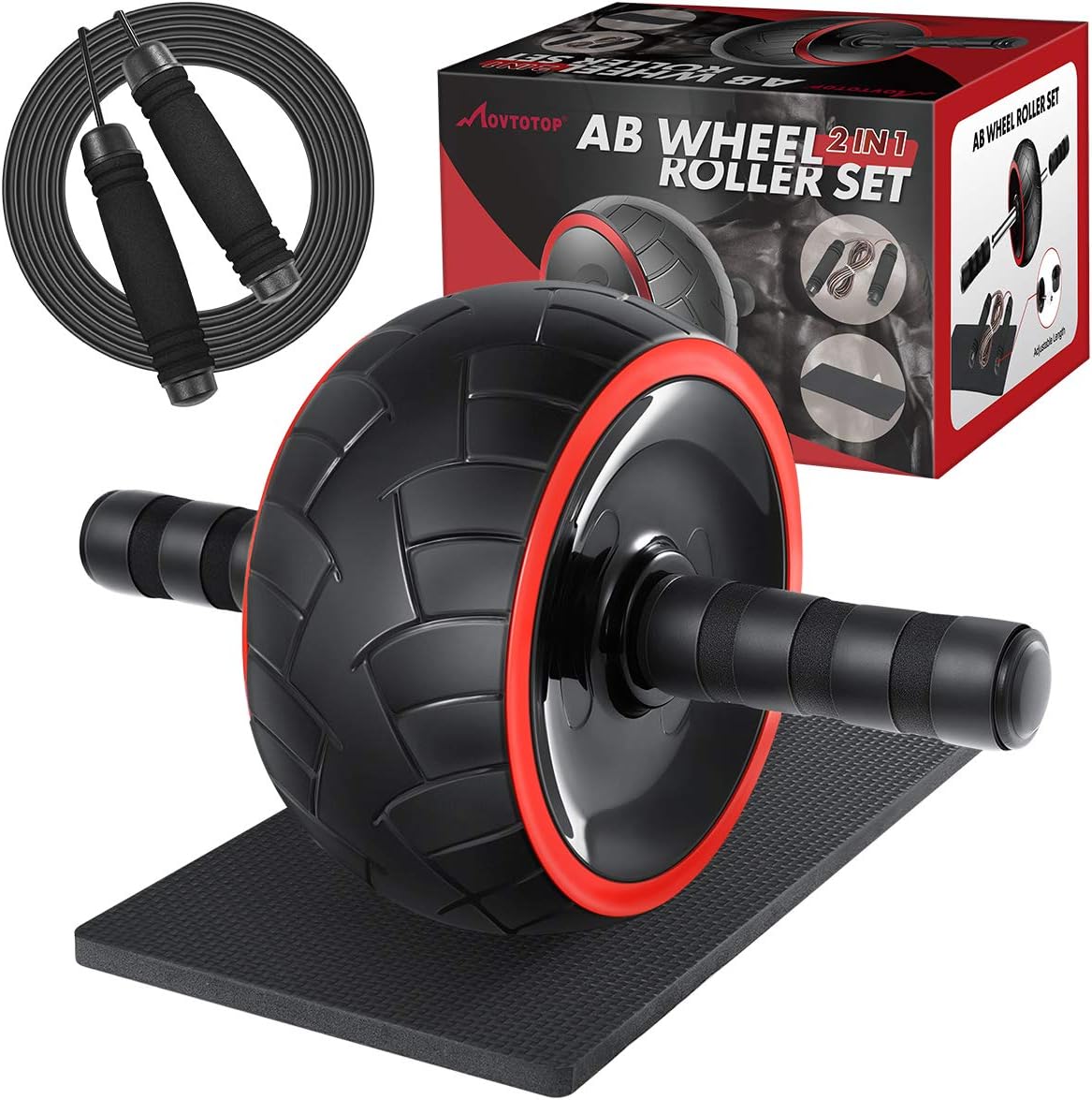 MOVTOTOP 3-in-1 Ab Wheel Roller Kit with Knee Mat and Jump Rope, Fitness Ab Roller Wheel for Abdominal Exercises Abs Workout Equipment for Home Office Gym Trainer Both Men & Women