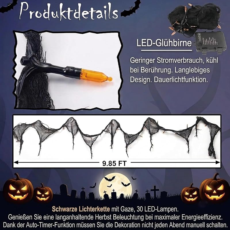 Guirlande lumineuse décorative d'Halloween orange avec gaze noire, 3 m, 30 LED, 8 modes et minuterie, étanche IP65, éclairage d'Halloween intérieur et extérieur pour fenêtre, cheminée, jardin