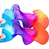 Jetec 1 Pair (left + Right) Women Belly Dance Fan Veil Colorful Long Folding Bamboo Fan Imitation Silk Streamers 180 x 90 cm