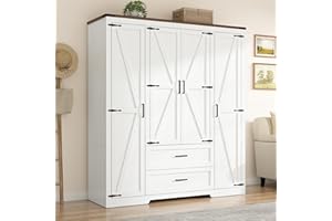 St.Mandyu Farmhouse Wardrobe Armoire Closet with 4 Doors and 2 Drawers, 70.1" Wooden Clothing Storage Cabinet, Freestanding Large Capacity Storage Wardrobe Armoire with Hanging Rod for Bedroom, White
