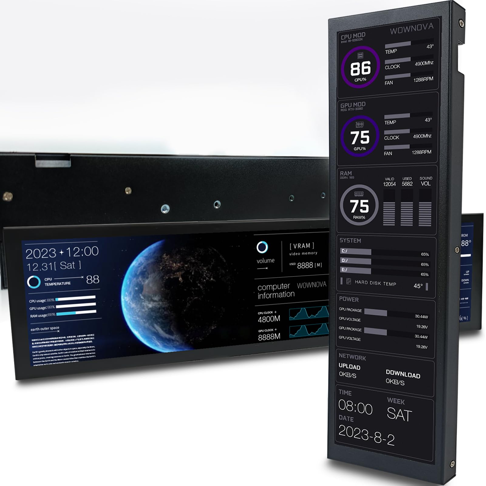 Photo 1 of WOWNOVA 8.8" Computer Temp Monitor (Dynamic Theme Supported), 1 Click 1 Cable to Get Started Quickly PC Temperature Display Sensor Panel IPS Mini Secondary Screen CPU RAM HDD Data FPS Monitor (Black)