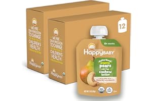 Happy Baby Organics Stage 2 Baby Food Pouches, Gluten Free, Vegan Snack, Nutty Blends, Pears & Cashew Butter, 3 Ounce (Pack of 12)