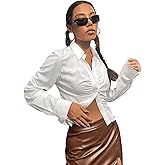 SweatyRocks Women's Long Sleeve Button Up Shirt Collar Neck Cinched Ruched Fitted Blouse Top